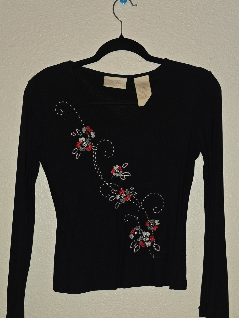 Vintage Black Long Sleeve Tee with Red & White Floral Embroidery